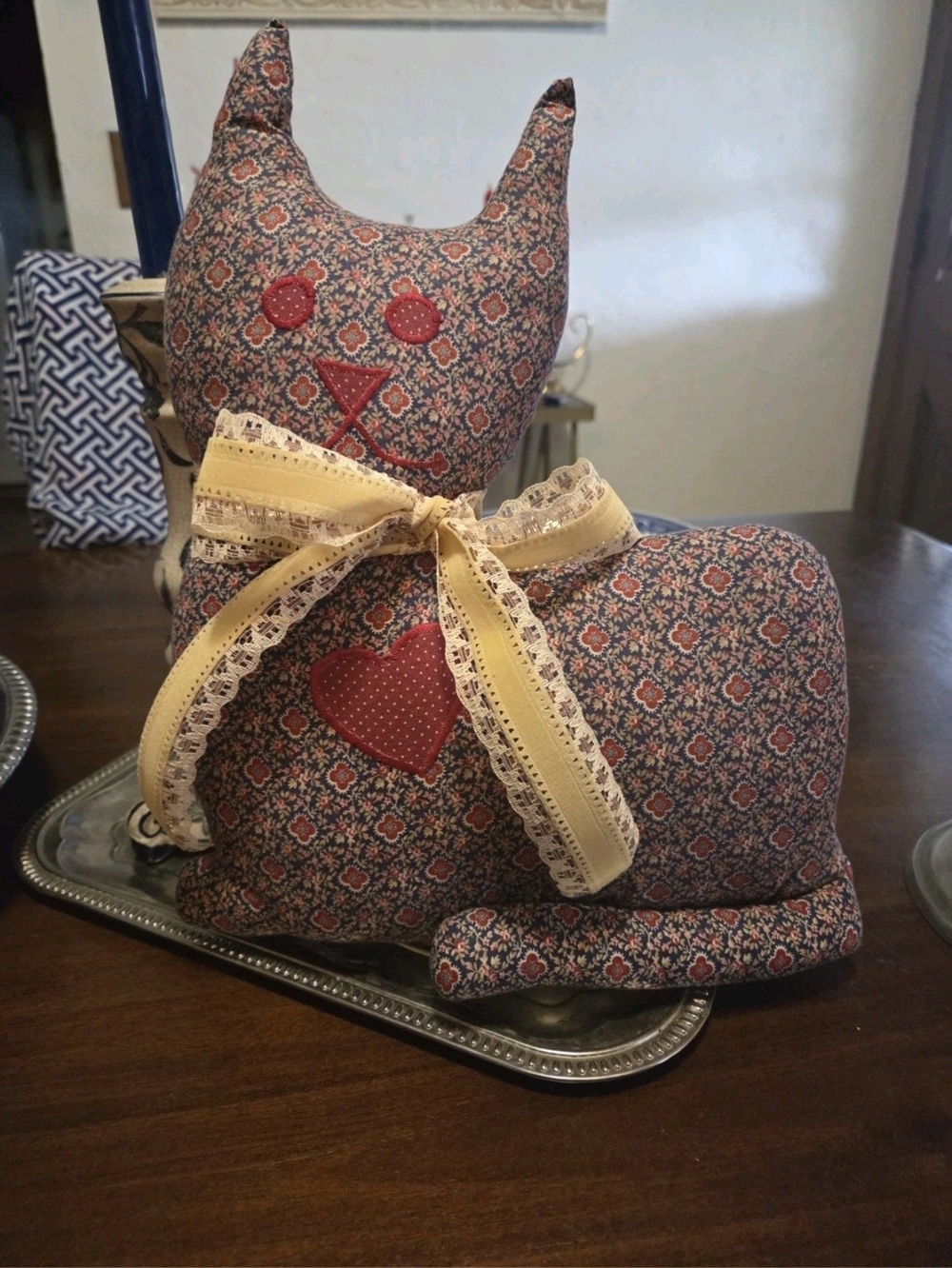 Handmade Fabric Cat Pillow with Heart Accent - Navy & Red Vintage